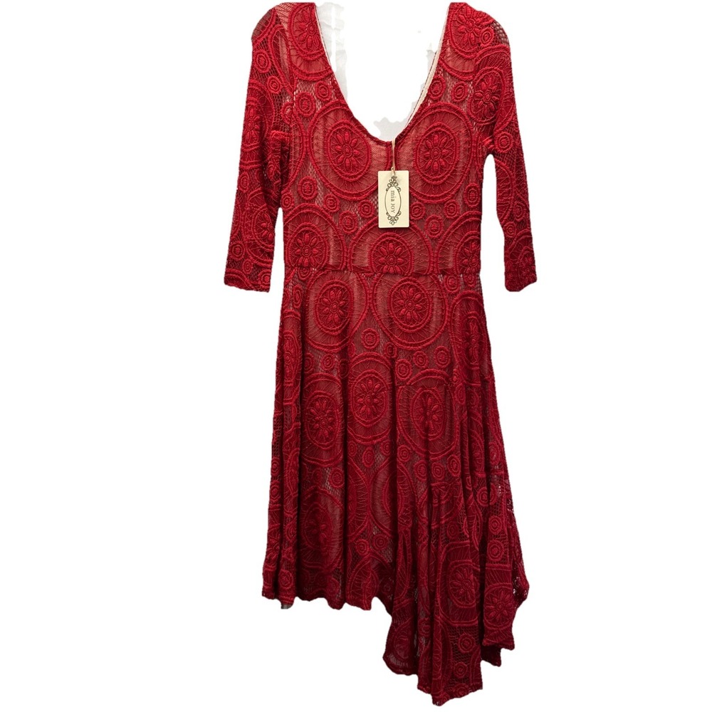 Mia‎ Joy Women's Asymmetrical Dress Size XS Stretchy Red Lace Lined 3/4 Sleeves